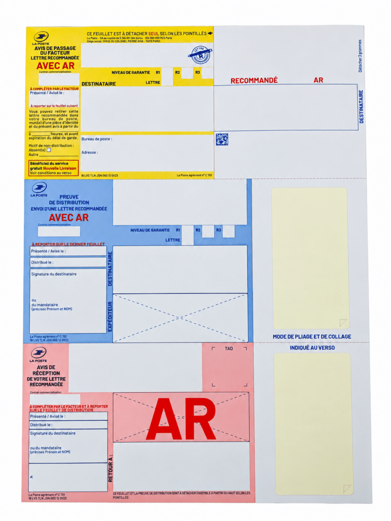 Recommandé Imprimé A4 avec AR, sans Code Barre